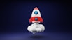a red and white toy rocket on a blue background