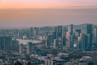 a view of a city with a lake and mountains in the background