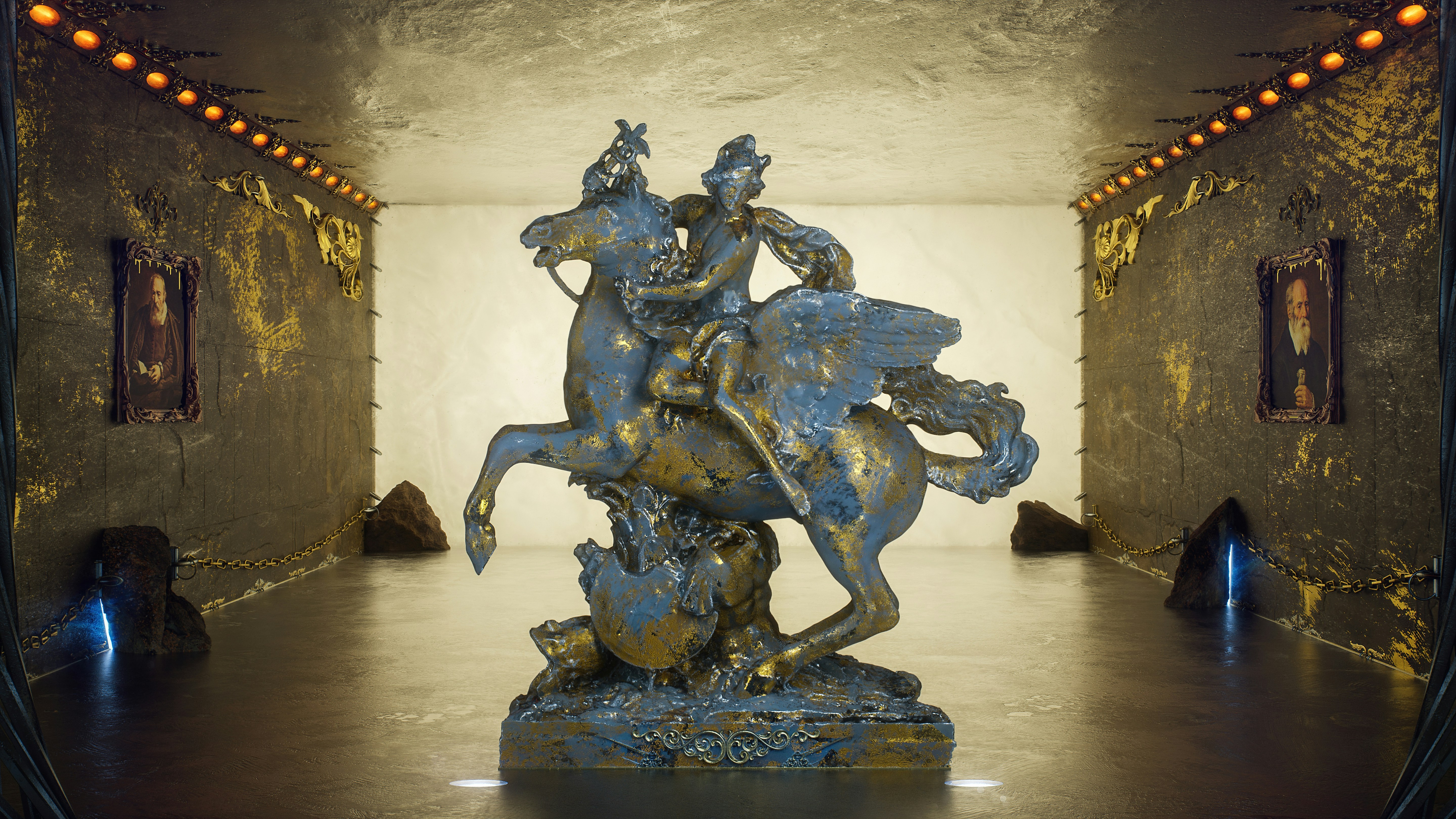 a statue of a man riding a horse in a room