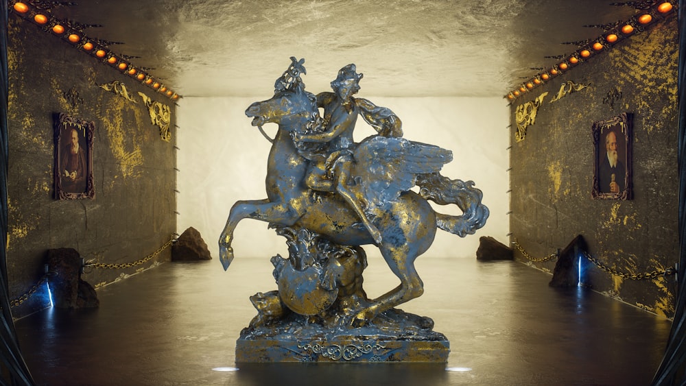 a statue of a man riding a horse in a room