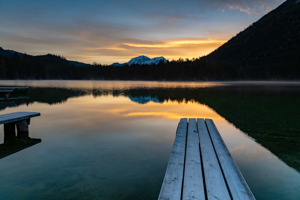 a dock sitting on top of a lake next to a forest