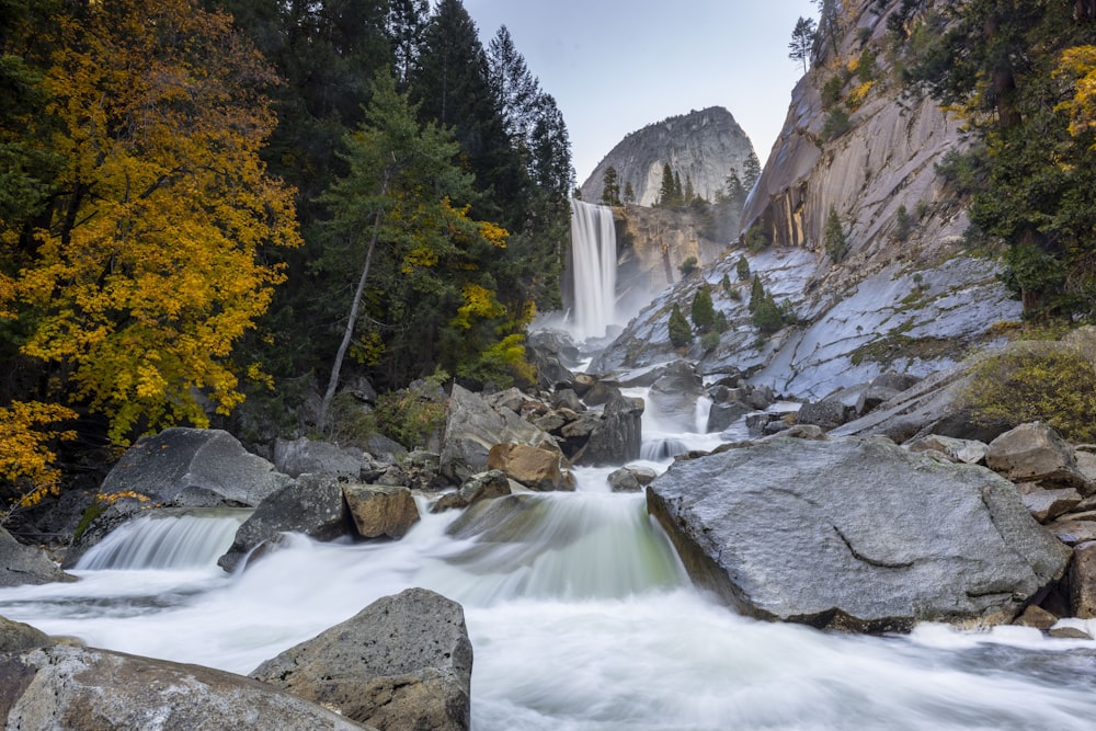 a waterfall in the middle of a forest filled with rocks