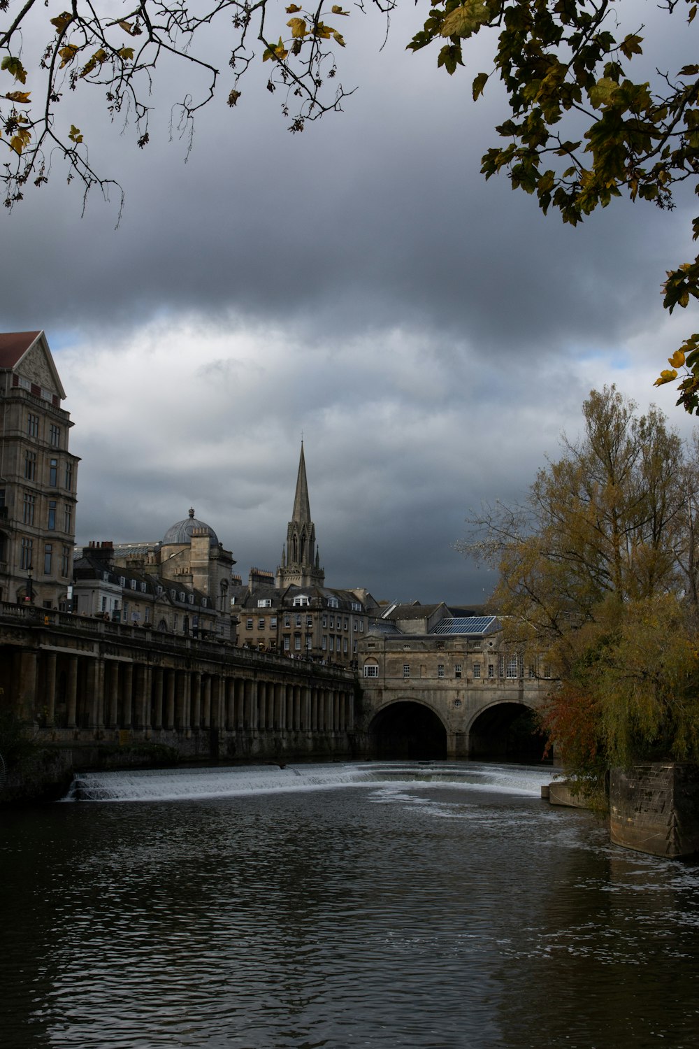 a river running through a city under a cloudy sky