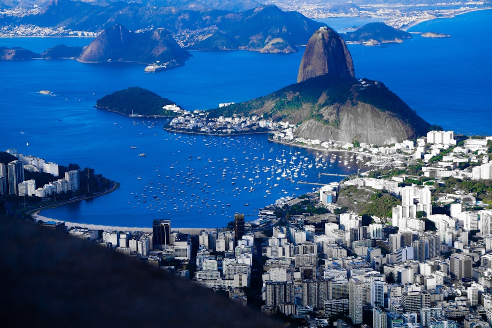 an aerial view of a city and a body of water