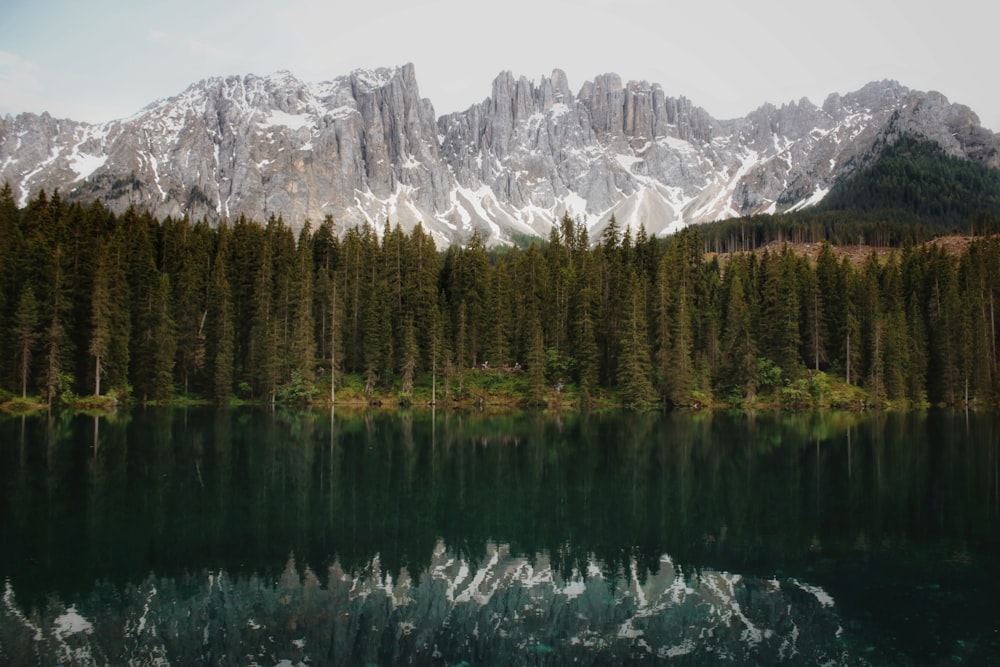 a mountain range is reflected in a lake