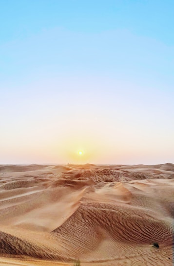 Golden dunes glowing under a setting sun during a desert safari in Dubai.