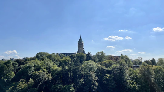 Scenic view of Zytturm tower against a clear blue sky in Zug.