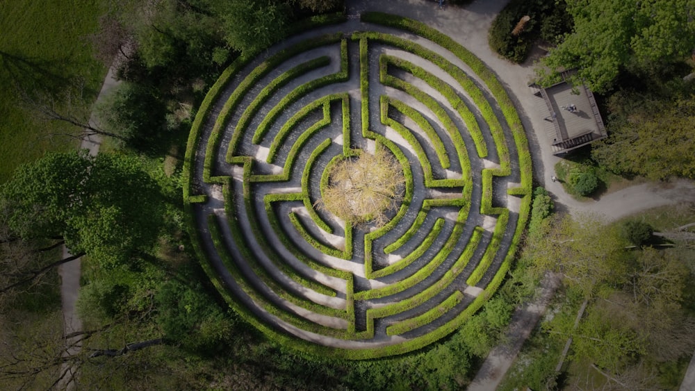 an aerial view of a circular maze in a park