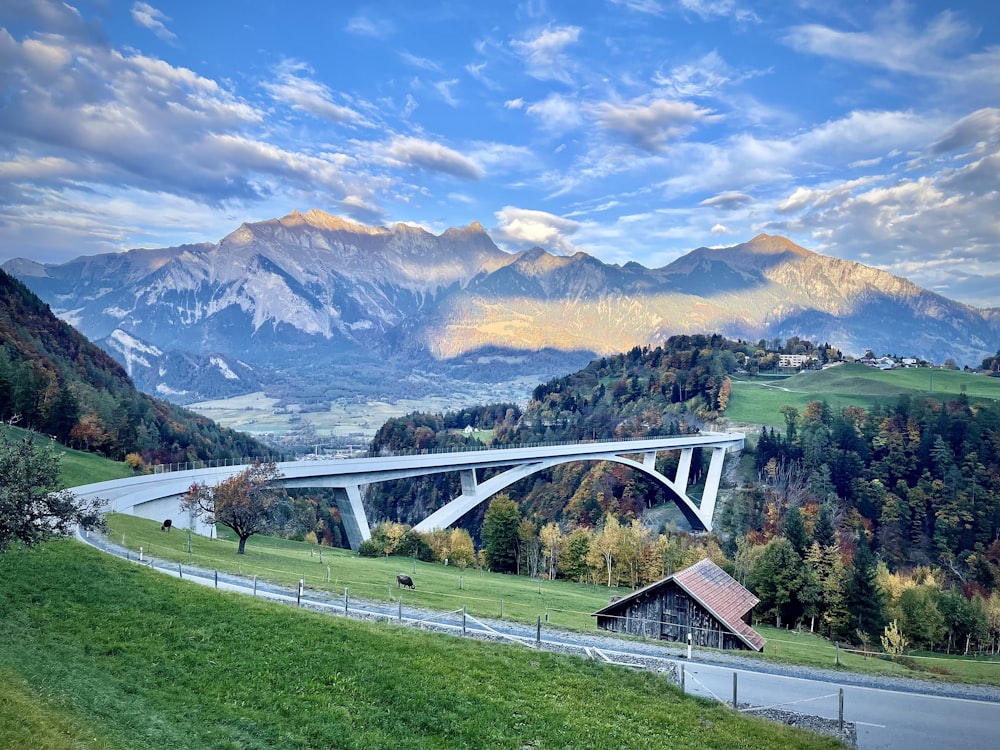 a scenic view of a bridge in the mountains