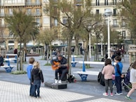 A musician playing an acoustic guitar surrounded by attentive animals in a sunlit park.