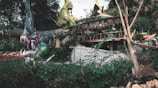 A large, intricately designed dragon sculpture intertwines with surrounding foliage and structures. The dragon features vibrant green, blue, and gold hues with sharp teeth and intense red eyes, giving it a fierce and mystical appearance. The background includes a rustic, thatched roof structure surrounded by lush greenery.