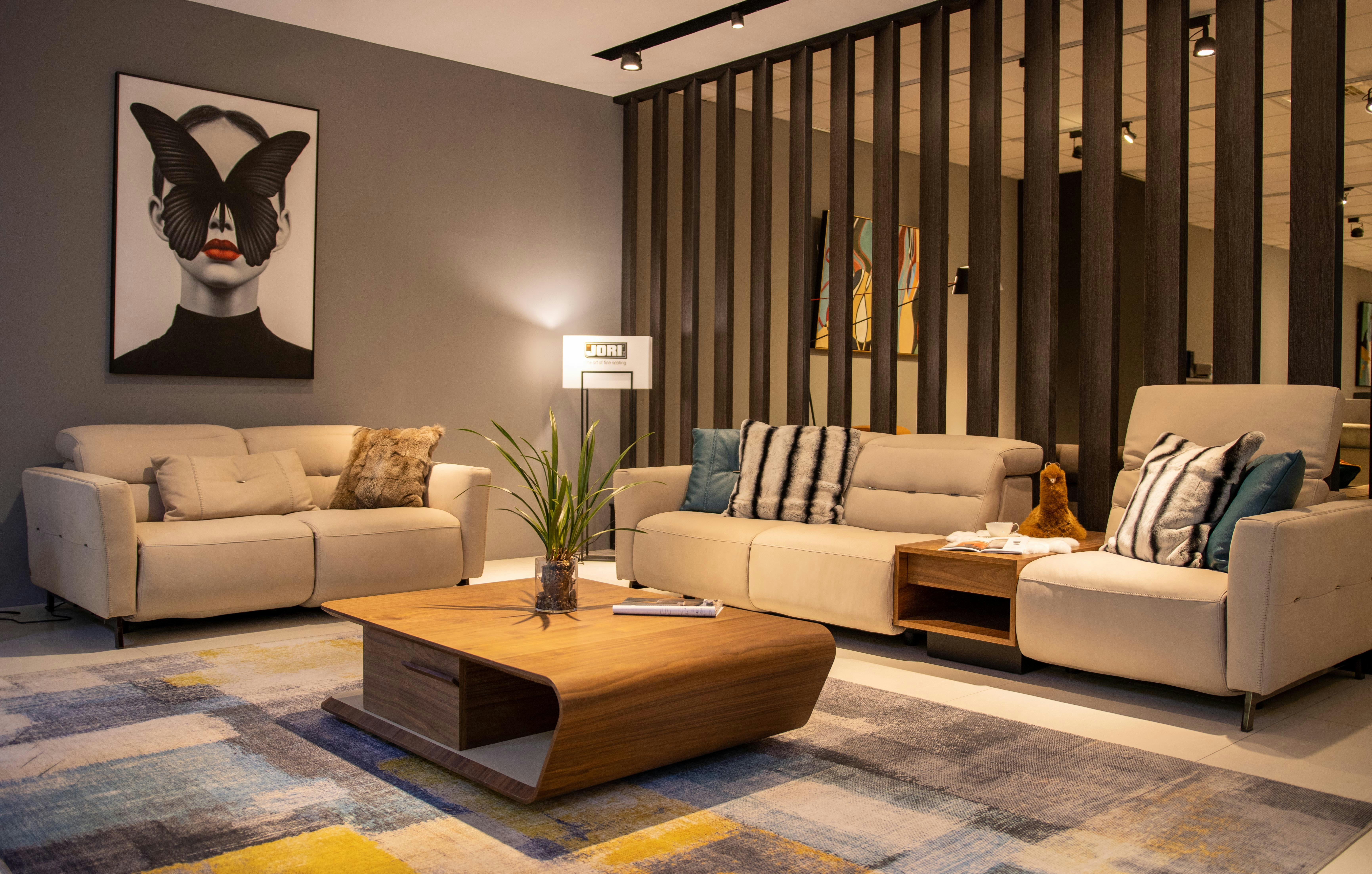 Modern minimalist wall art canvas painting with abstract geometric patterns displayed in contemporary living room setting