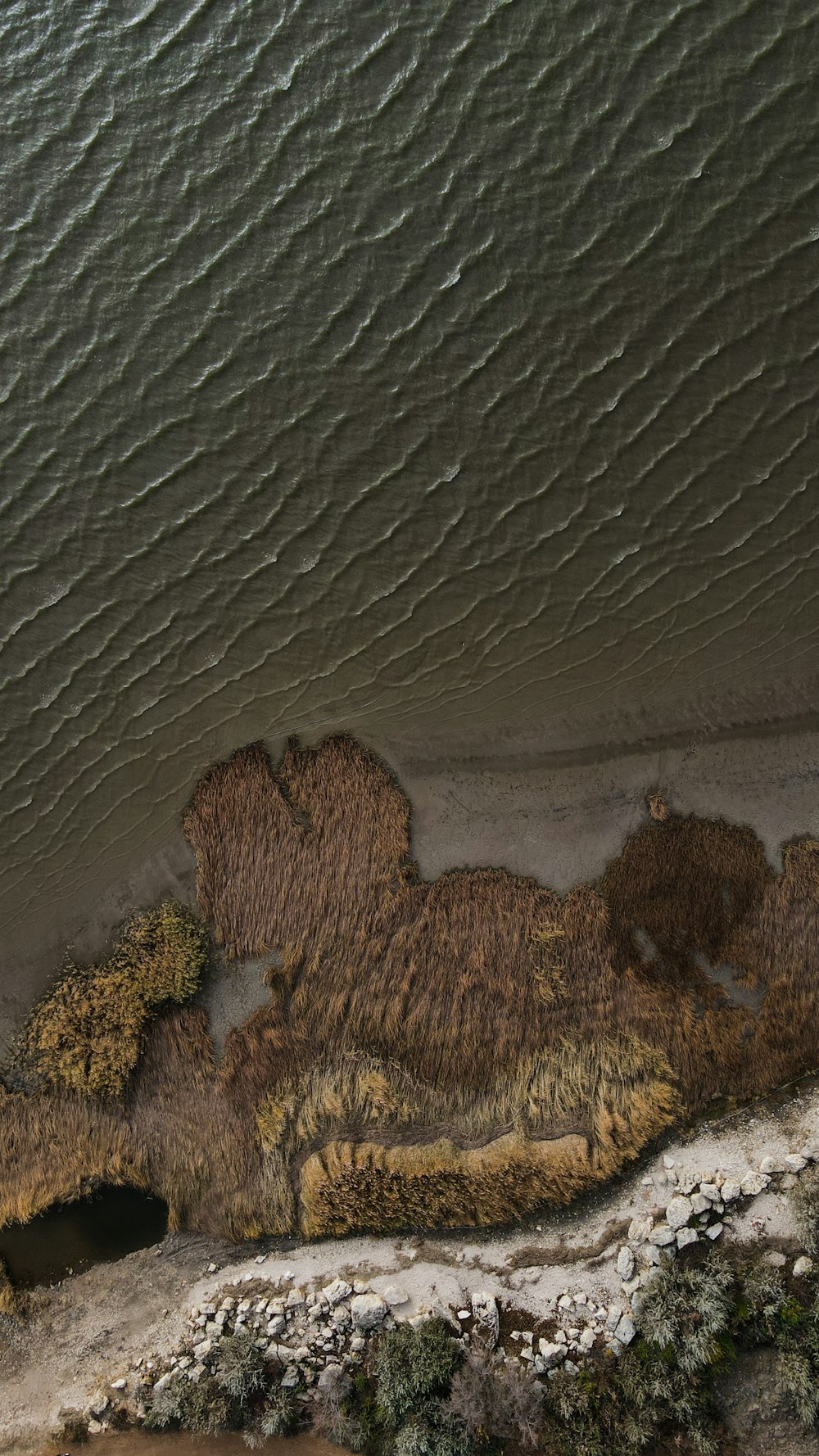 an aerial view of a sandy beach and water