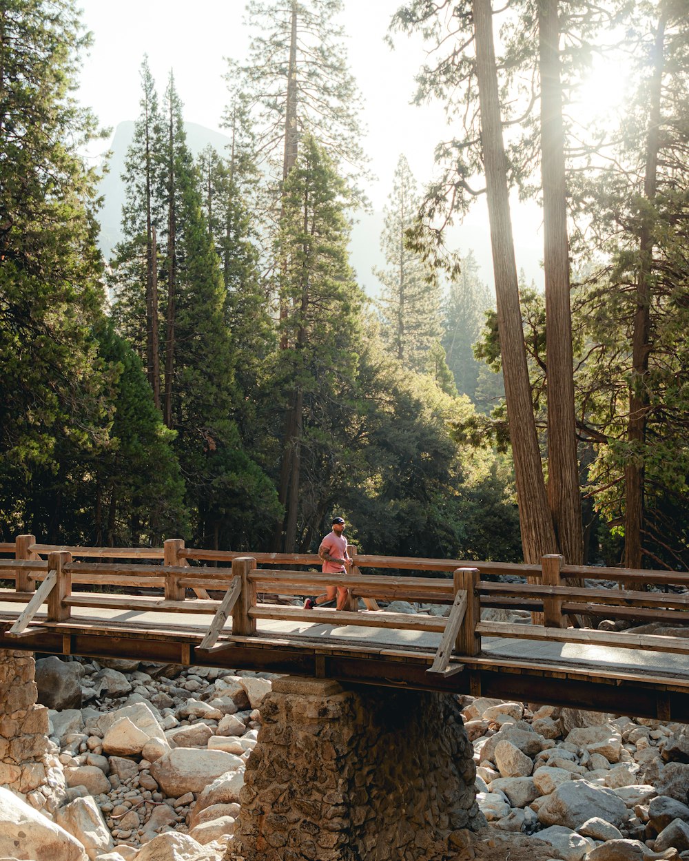 a person sitting on a wooden bridge over a river