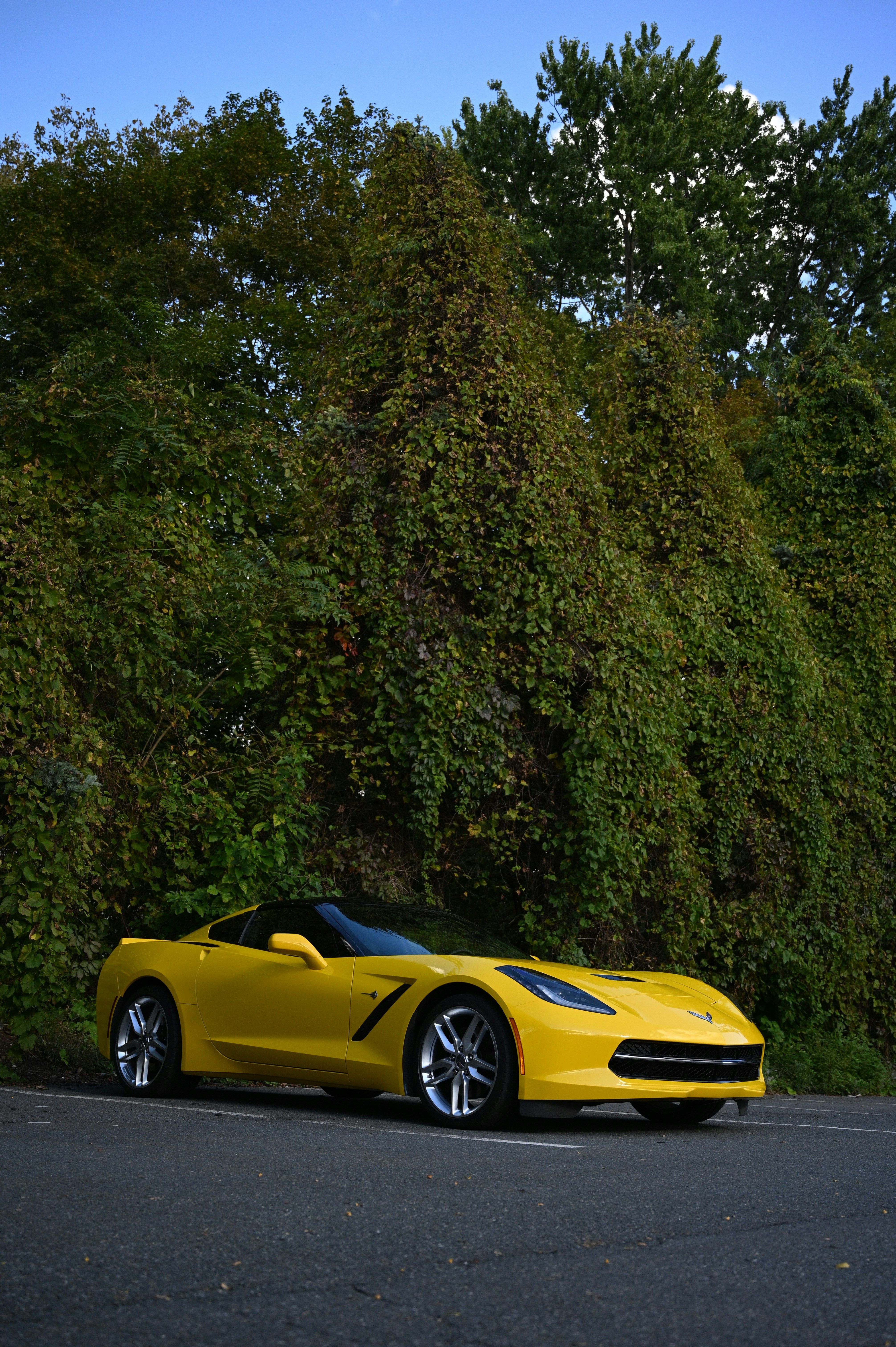 a yellow sports car parked on the side of the road