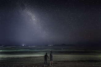 picture of two people standing on a beach under a night sky