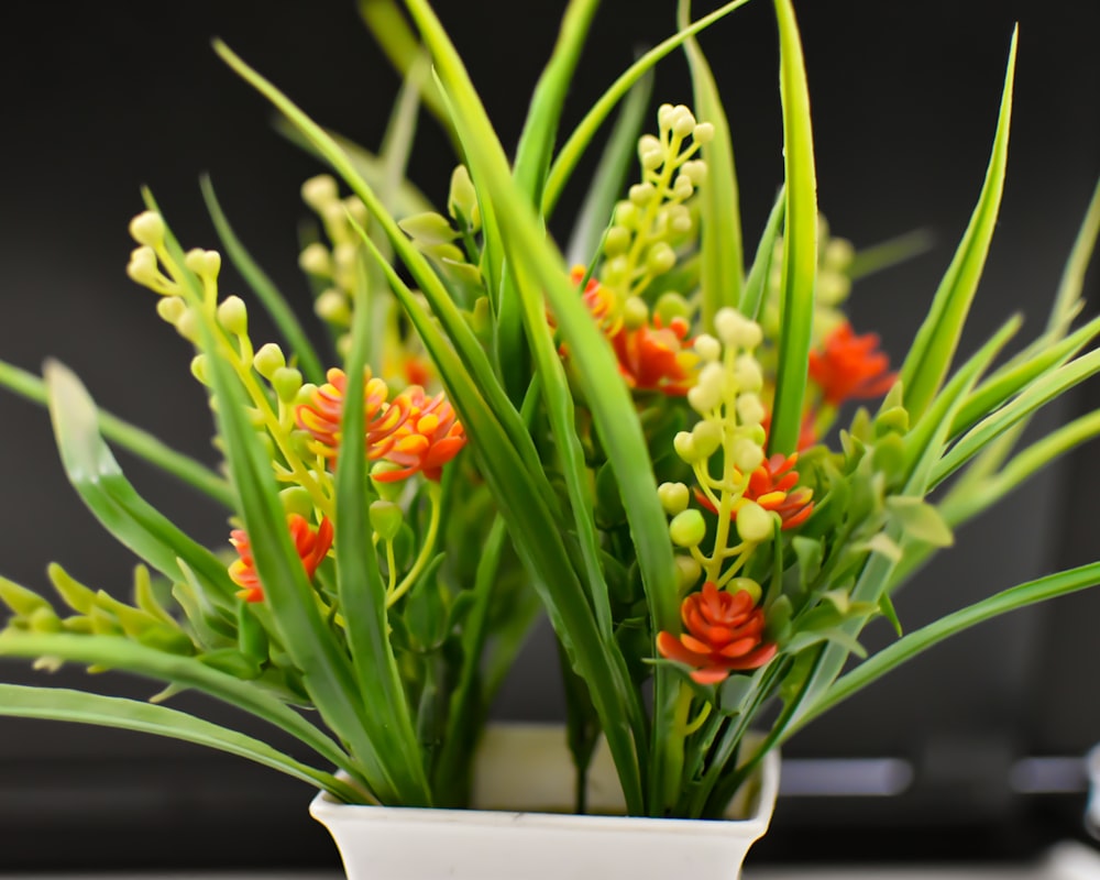 eine weiße Vase gefüllt mit grünen und orangefarbenen Blumen