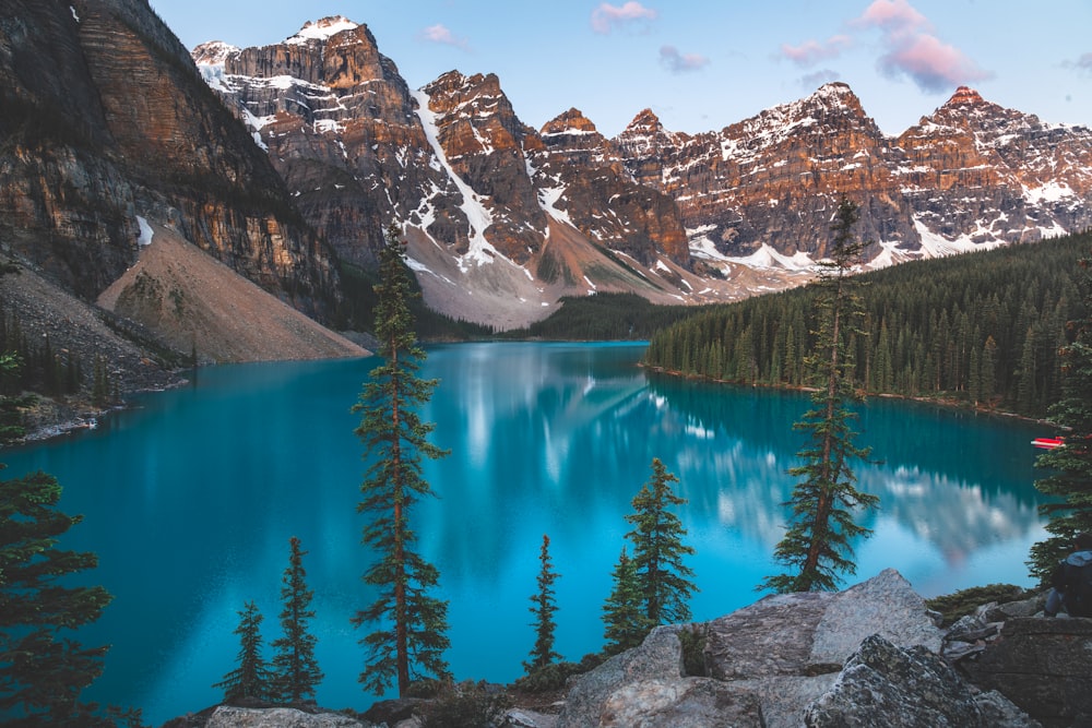 a blue lake surrounded by mountains and trees