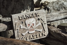 a wooden sign with a skull and bones on it