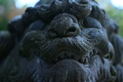 A close-up of a weathered stone sculpture depicting a mythical creature with prominent facial features, including eyes and a snout. Moss and age have given it a textured, aged appearance, adding to its mysterious aura.