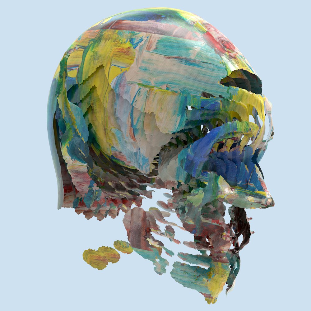 Una pintura de la cabeza de un humano con un cielo azul en el fondo