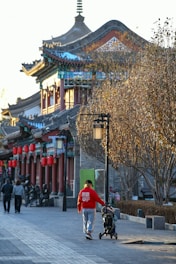 a man pushing a stroller down a street