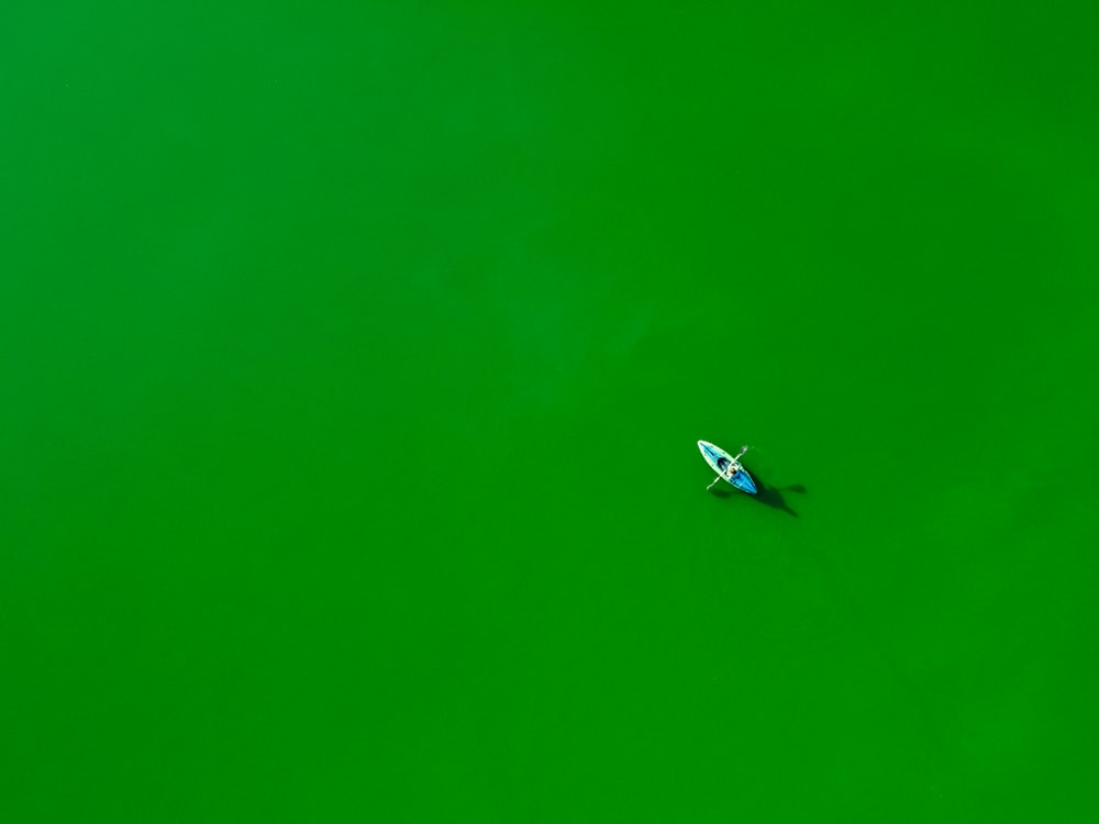 a small boat floating on top of a green ocean