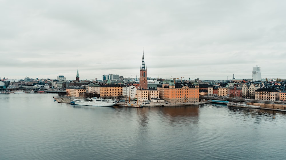 a large body of water with a city in the background