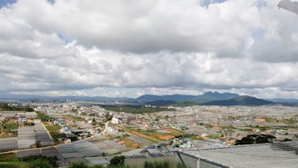 A panoramic view of farmland with irrigation canals and a distant village.