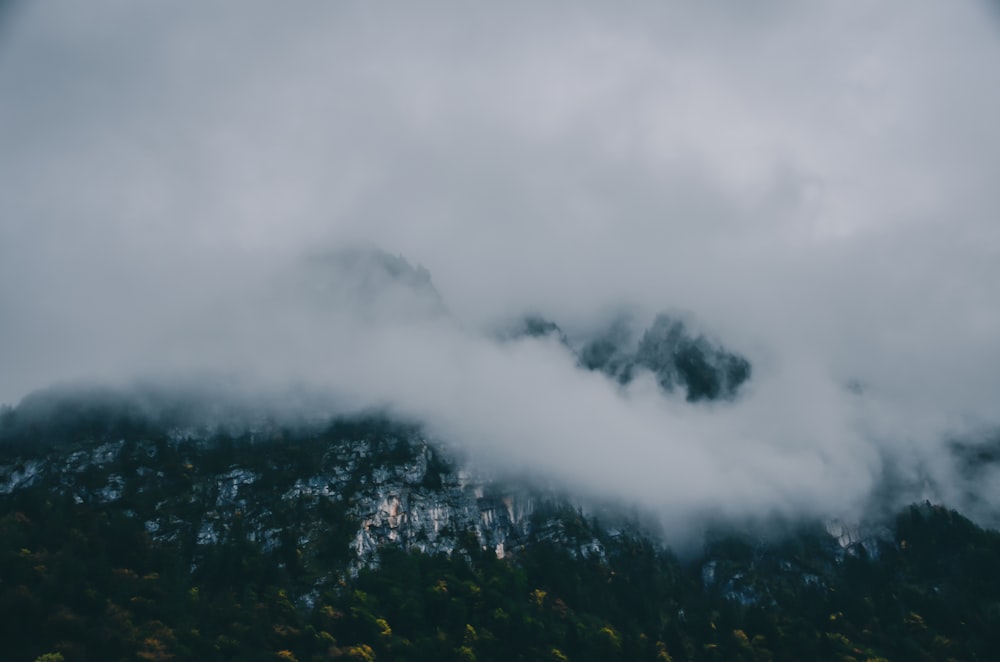 a mountain covered in clouds and trees under a cloudy sky