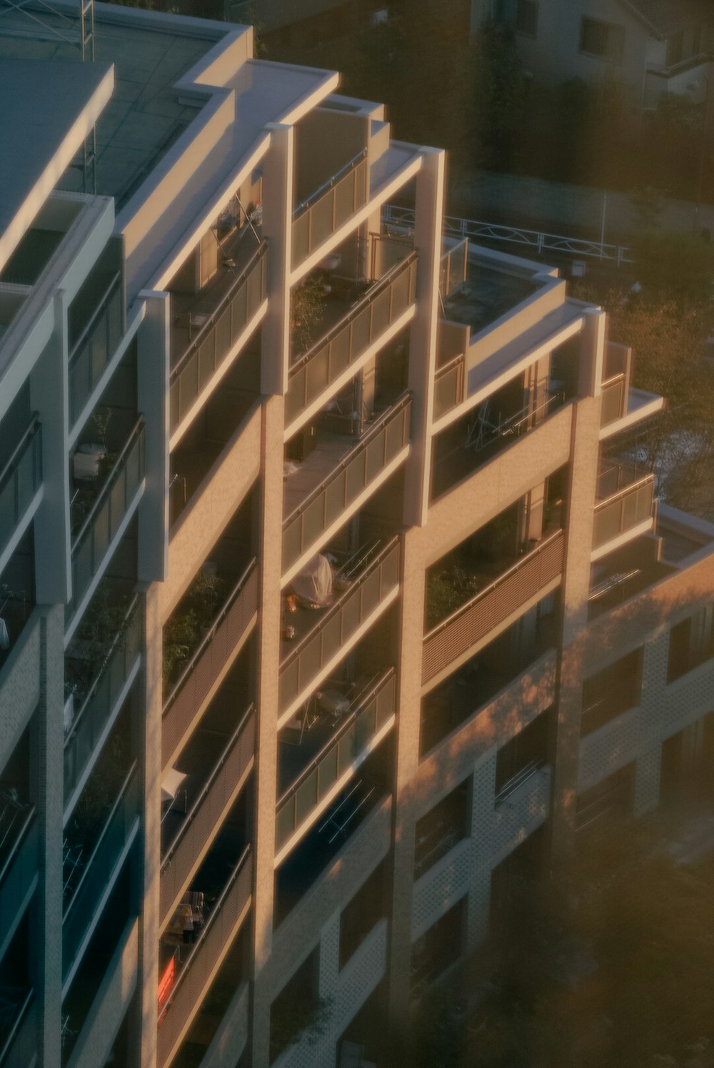 an aerial view of a building with balconies