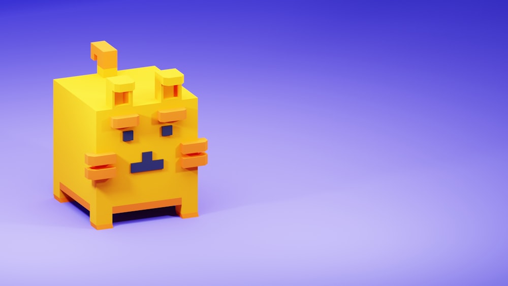 a yellow toy with a face on a purple background