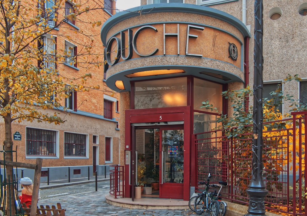 a bicycle is parked outside of a building