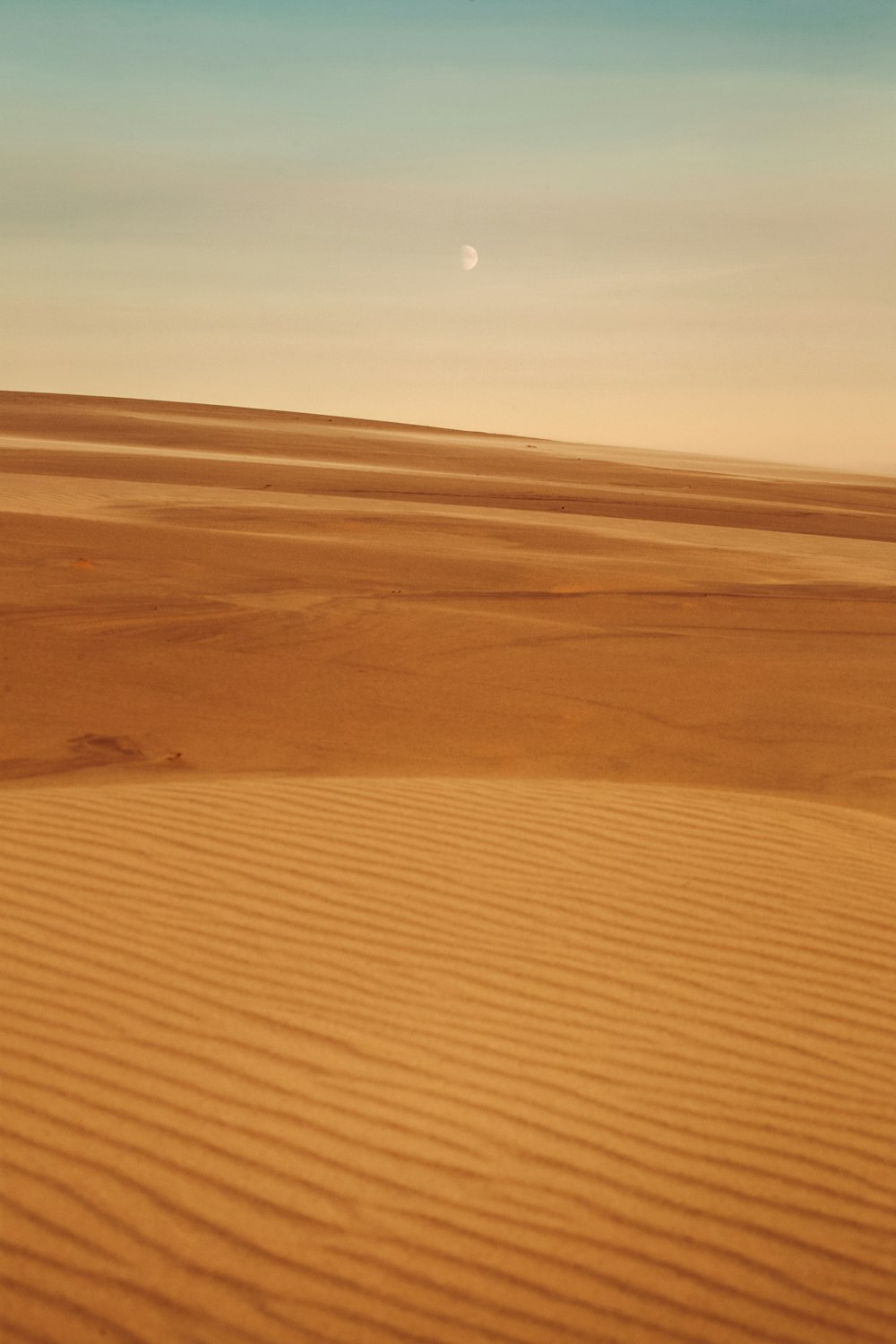 a desert landscape with a moon in the distance