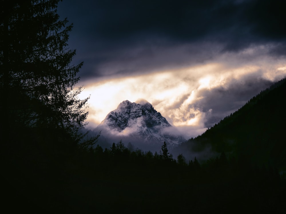 a mountain covered in clouds and trees under a cloudy sky