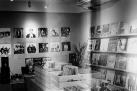 A vintage-style record store with walls adorned with music posters. Wooden crates in the center hold vinyl records, and shelves display various album covers. A small sound system setup is visible on a table, and a plant adds a touch of greenery to the scene.