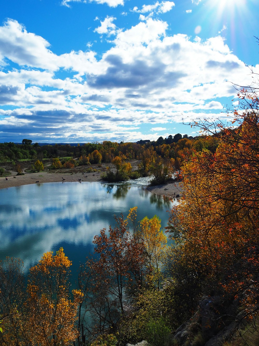 a lake surrounded by trees with a blue sky in the background