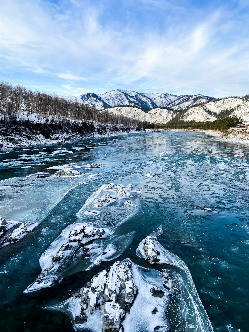 a body of water surrounded by snow covered mountains