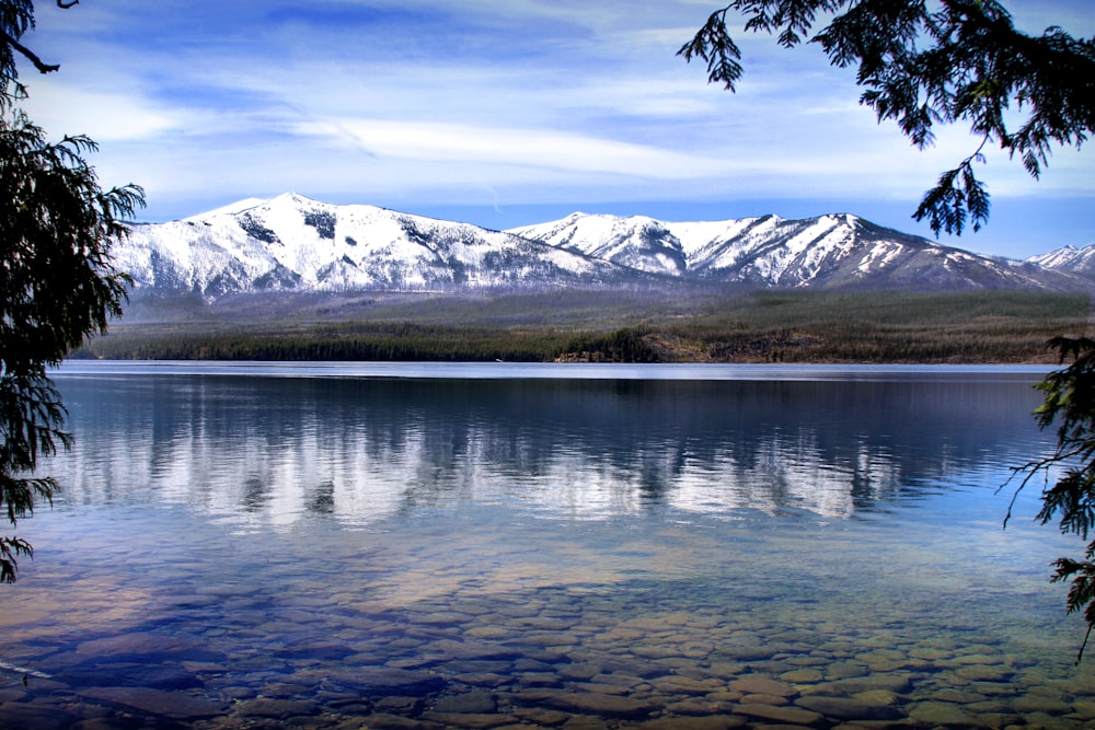 a lake surrounded by snow covered mountains in the distance