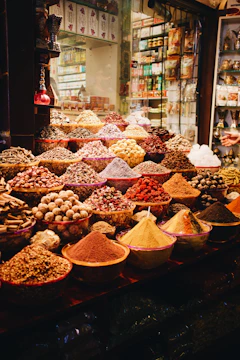 A vibrant display of Sri Lankan spices and snacks.