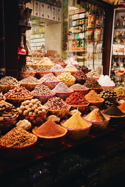 A vibrant display of organic herbs and spices from Egypt.