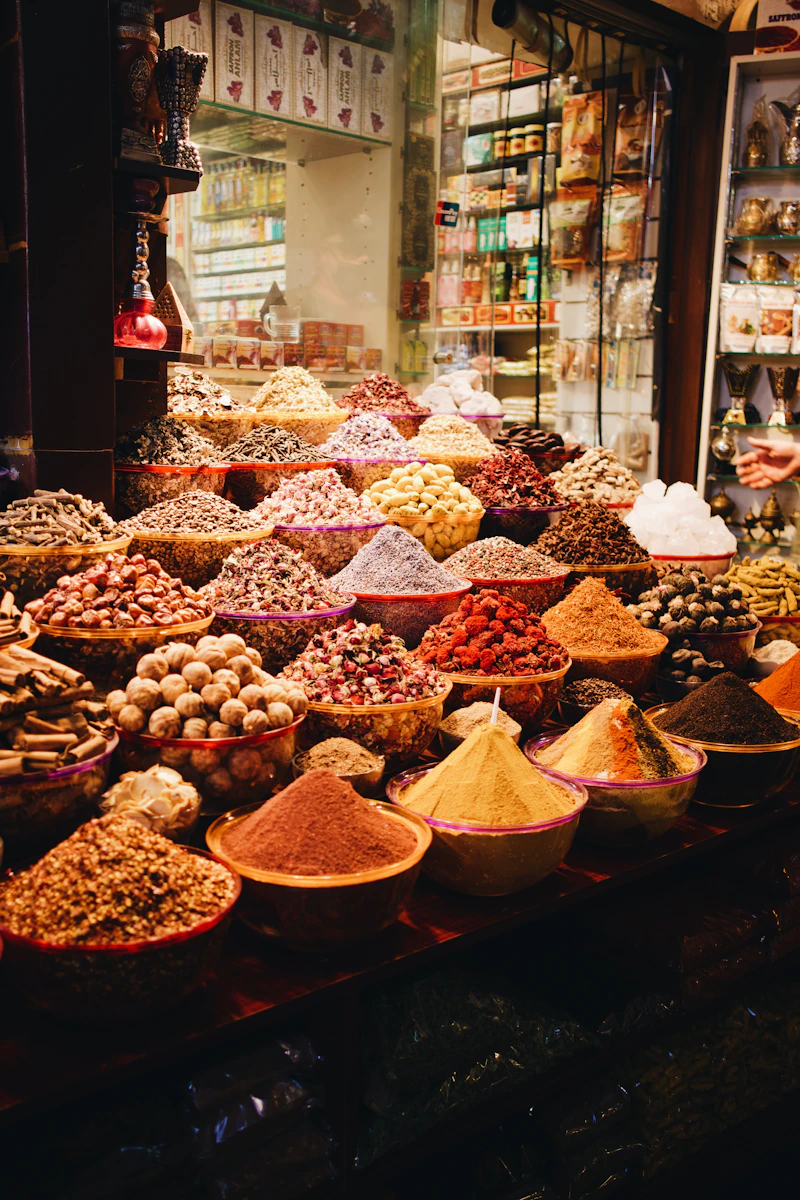 Spice market stall with cones of coloured spices