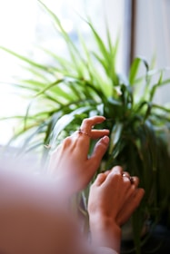A person trying on a delicate ring in natural light.