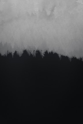 An abstract landscape features a silhouette of trees against a gradient sky, transitioning from dark to light gray tones. The scene is minimalist, with the tree line creating a jagged contrast with the foggy background.