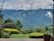 A lush green landscape with vibrant foliage and perfectly manicured shrubs is visible in the foreground. In the background, majestic mountains covered in dense greenery stretch across the horizon under a cloudy sky. A large potted plant sits on the right, adding to the serene and refreshing ambiance.