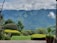 A lush green landscape with vibrant foliage and perfectly manicured shrubs is visible in the foreground. In the background, majestic mountains covered in dense greenery stretch across the horizon under a cloudy sky. A large potted plant sits on the right, adding to the serene and refreshing ambiance.