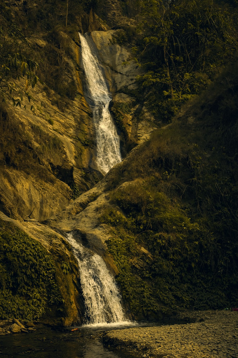 a small waterfall in the middle of a forest