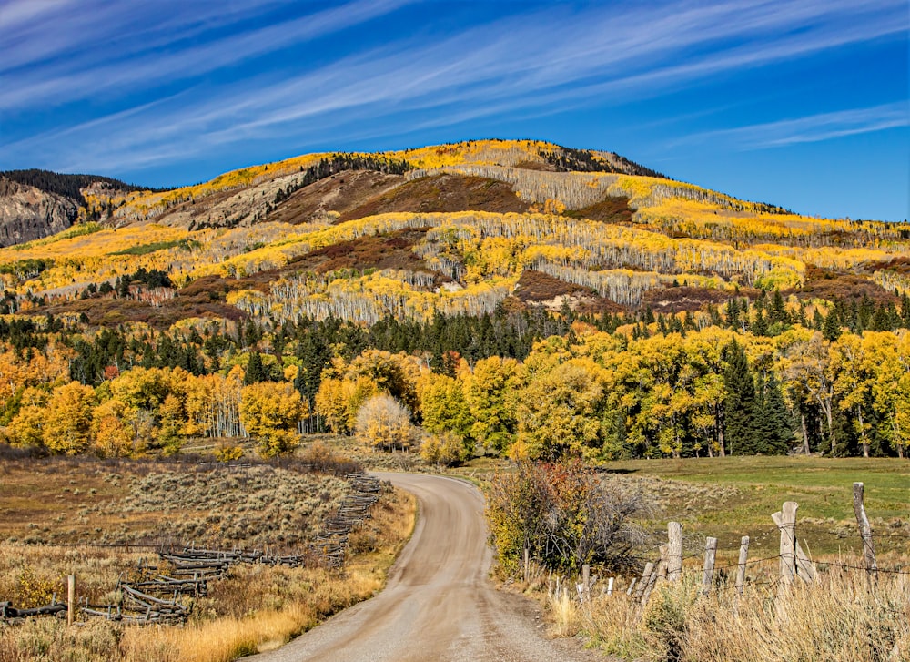 a dirt road in front of a mountain