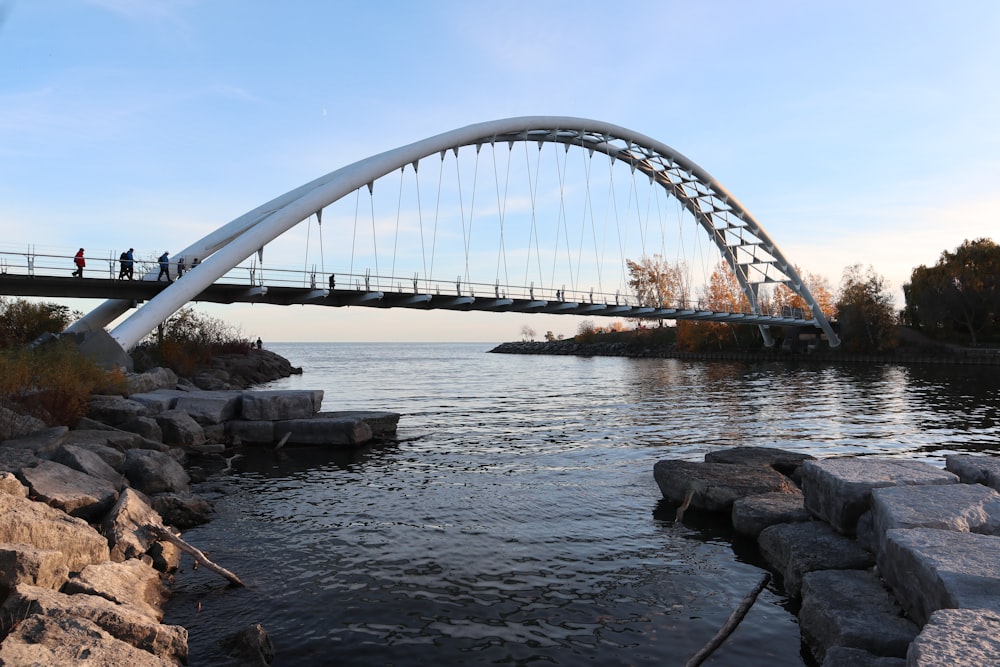 a bridge over a body of water with people walking on it