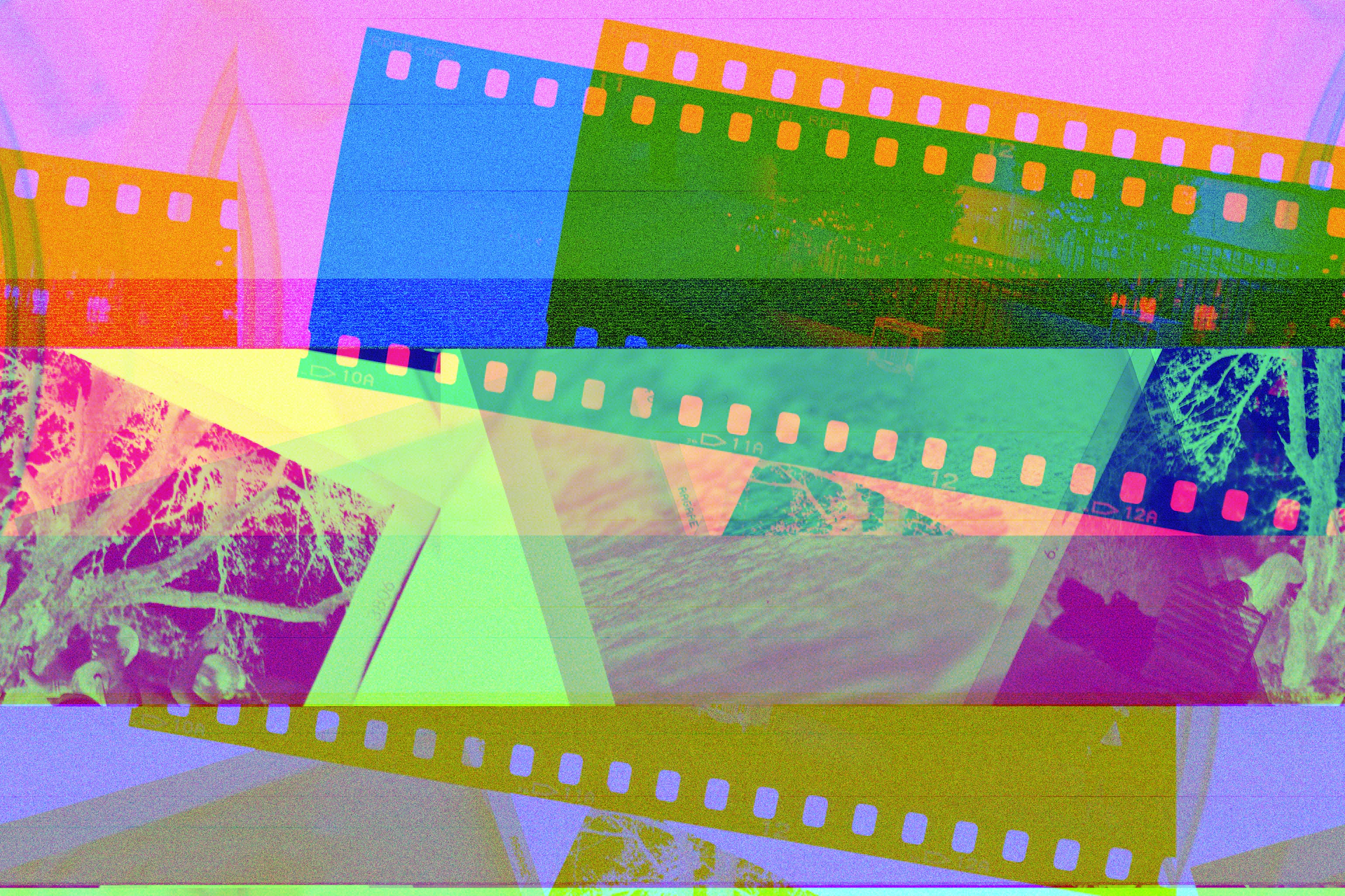 a multicolored film strip with a picture of a mountain in the background